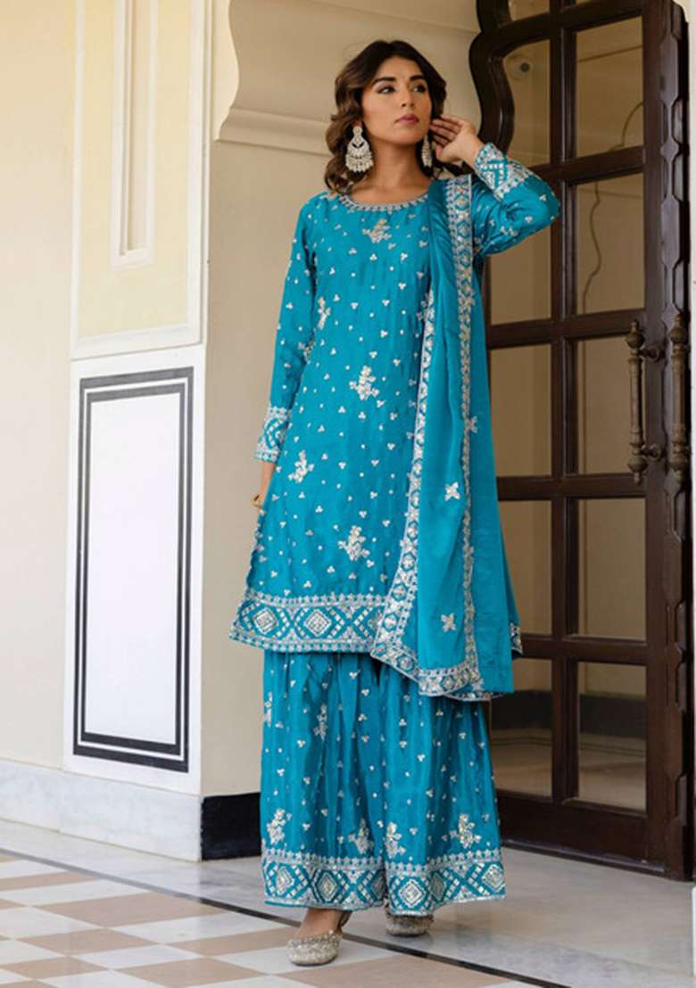 Sky Blue Embroidered Silk Blend Sharara Set - Indya