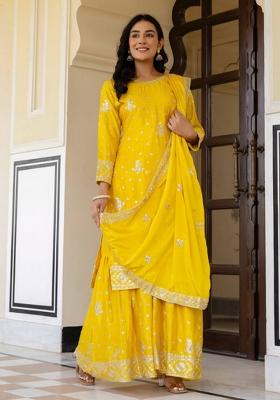 Yellow Embroidery Sequence Zari Silk Kurta Set