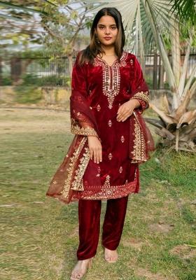 Maroon Embroidery Sequence Zari Viscose Velvet Kurta Set