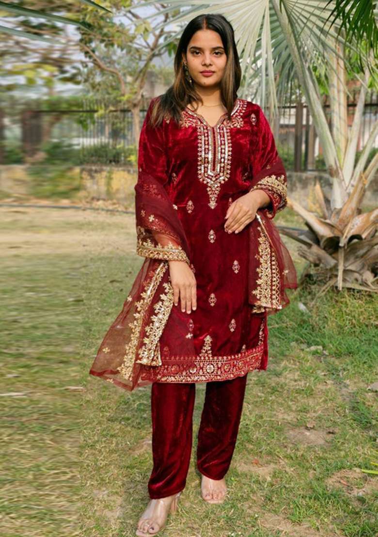 Maroon Embroidered Viscose Straight Kurta Set - Indya