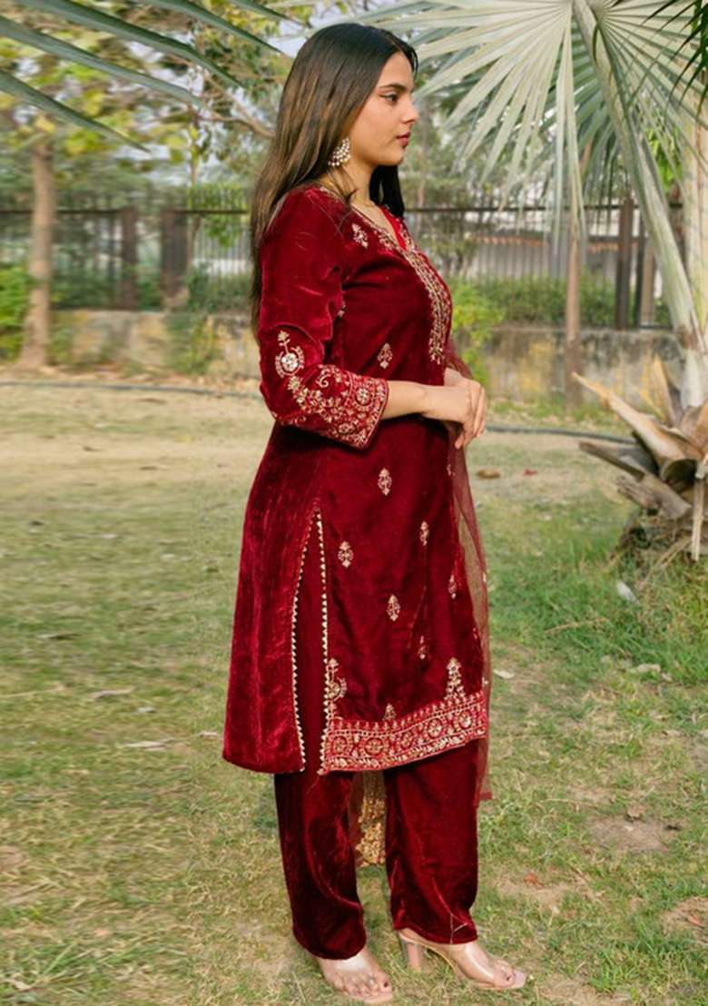 Maroon Embroidered Viscose Straight Kurta Set - Indya