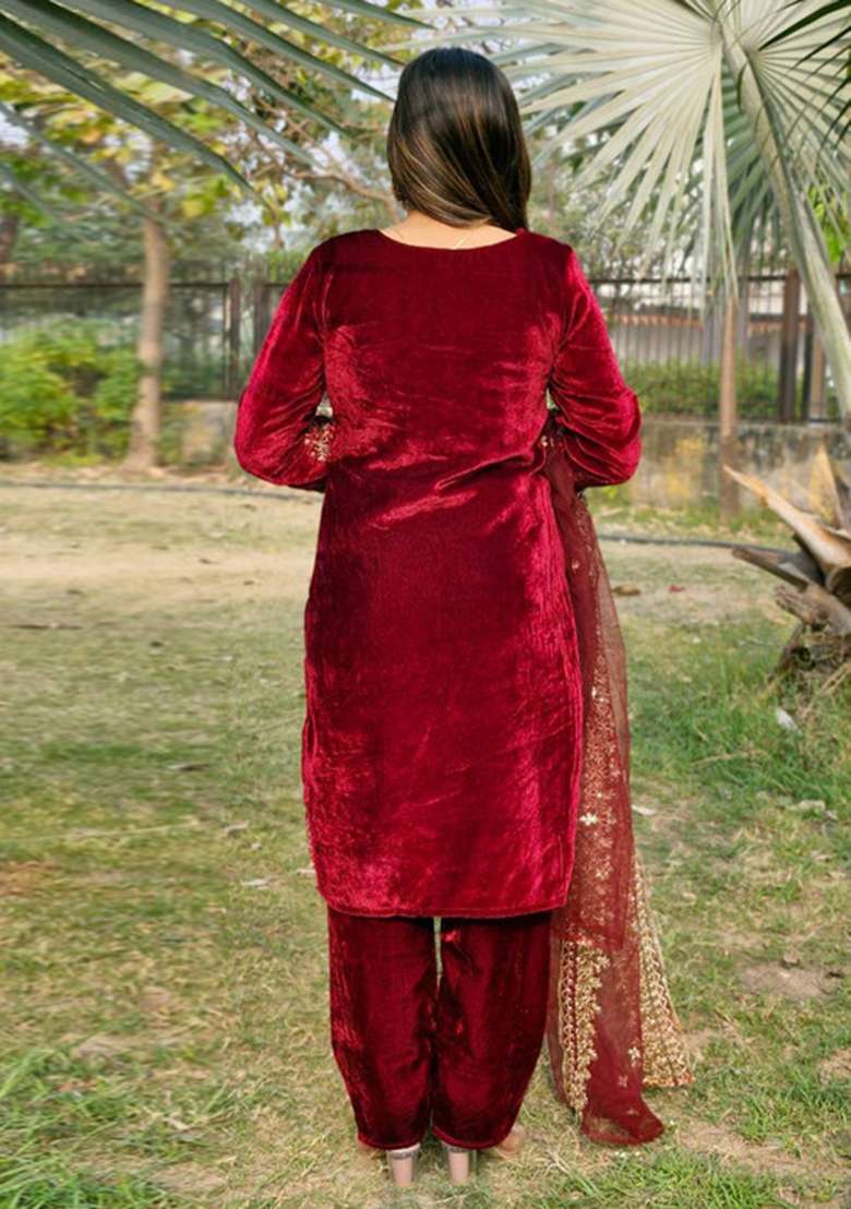 Maroon Embroidered Viscose Straight Kurta Set - Indya