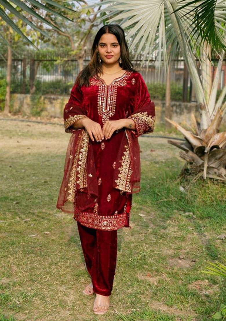 Maroon Embroidered Viscose Straight Kurta Set - Indya