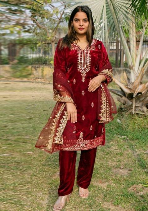 Maroon Embroidery Sequence Zari Viscose Velvet Kurta Set