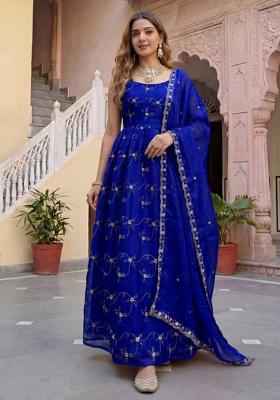 Blue Embroidery Sequence Zari Silk Kurta Set
