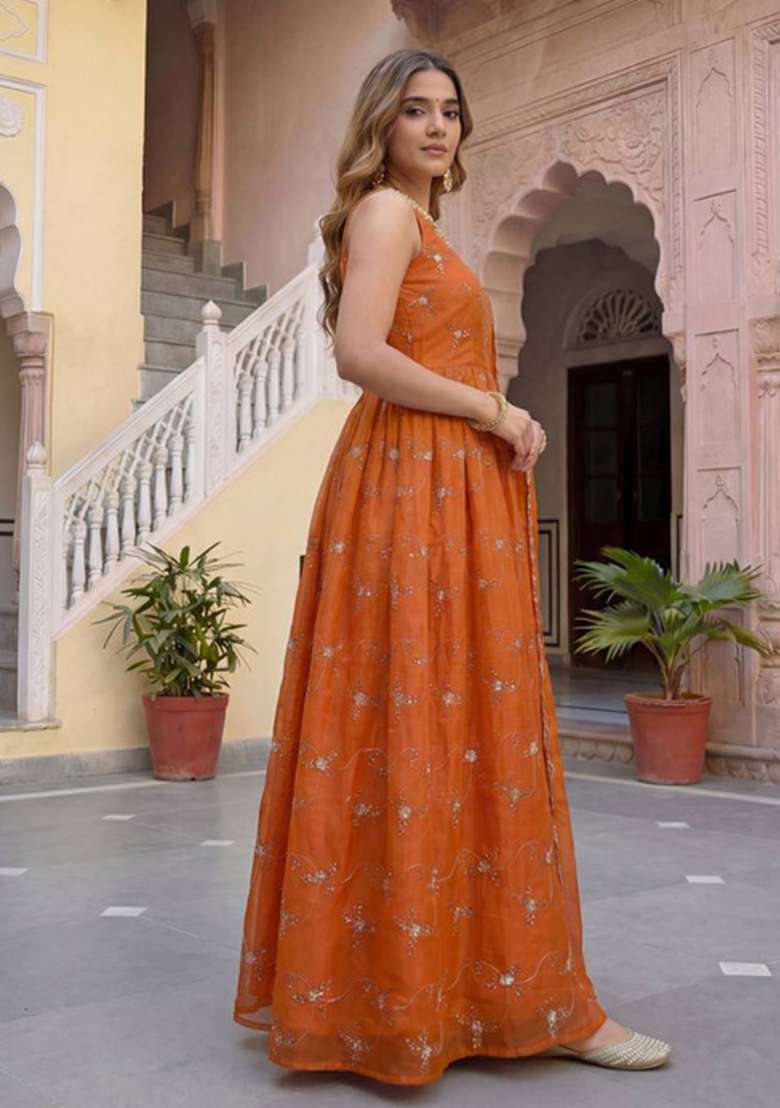 Rust Embroidered Silk Blend Anarkali Set - Indya