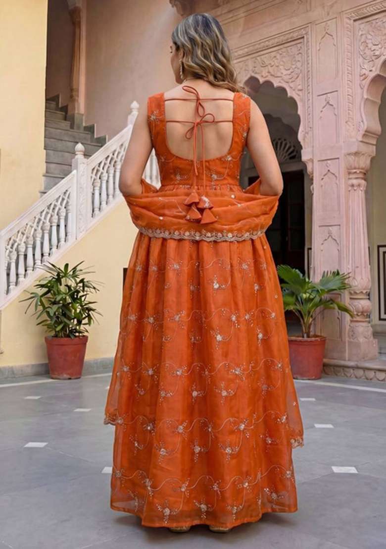 Rust Embroidered Silk Blend Anarkali Set - Indya