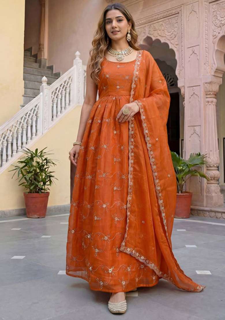 Rust Embroidered Silk Blend Anarkali Set - Indya