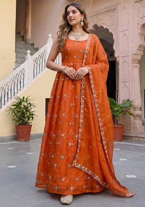Rust Embroidery Sequence Zari Silk Kurta Set