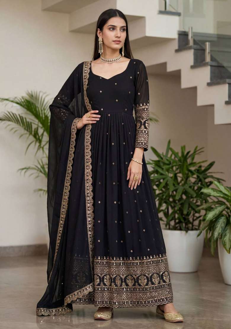 Black Embroidered Silk Blend Anarkali Set - Indya