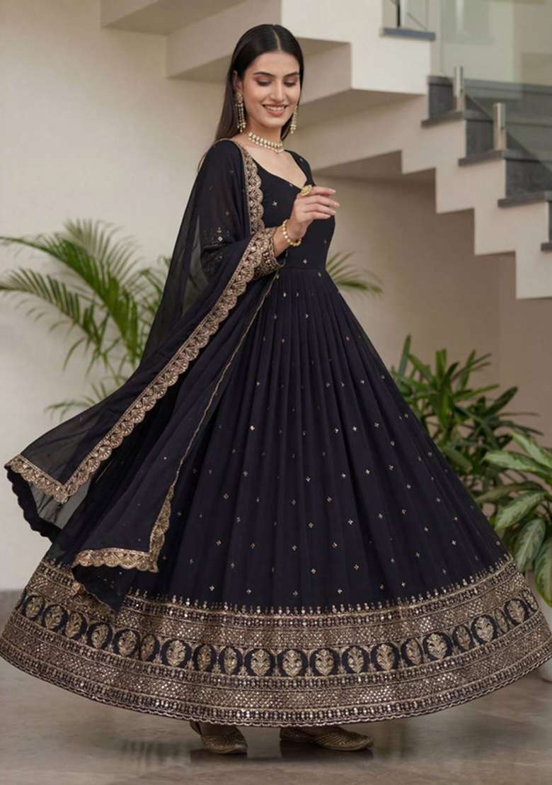 Black Embroidered Silk Blend Anarkali Set - Indya