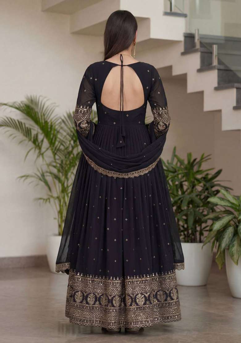 Black Embroidered Silk Blend Anarkali Set - Indya