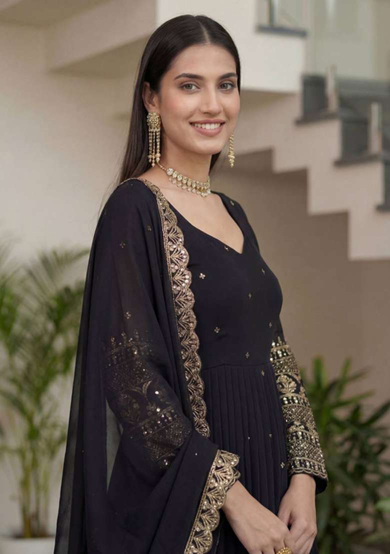 Black Embroidered Silk Blend Anarkali Set - Indya