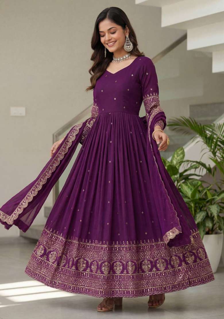 Purple Embroidered Silk Blend Anarkali Set - Indya