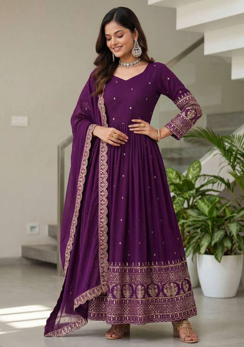 Purple Embroidered Silk Blend Anarkali Set - Indya