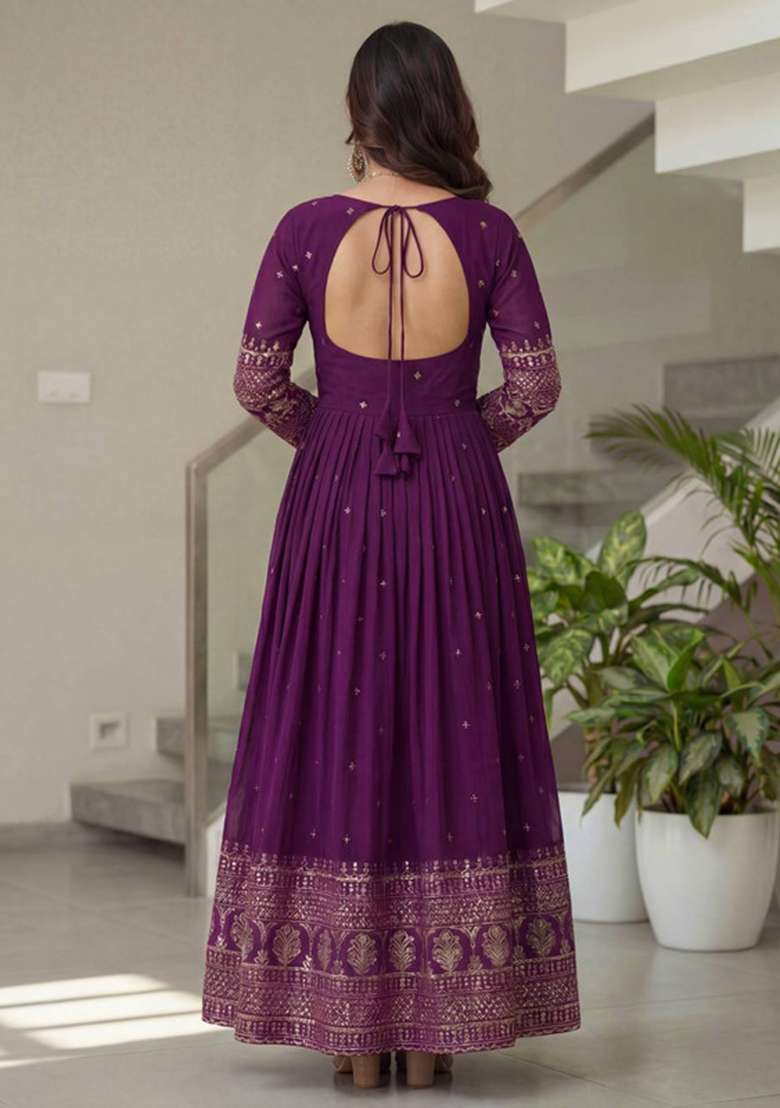 Purple Embroidered Silk Blend Anarkali Set - Indya