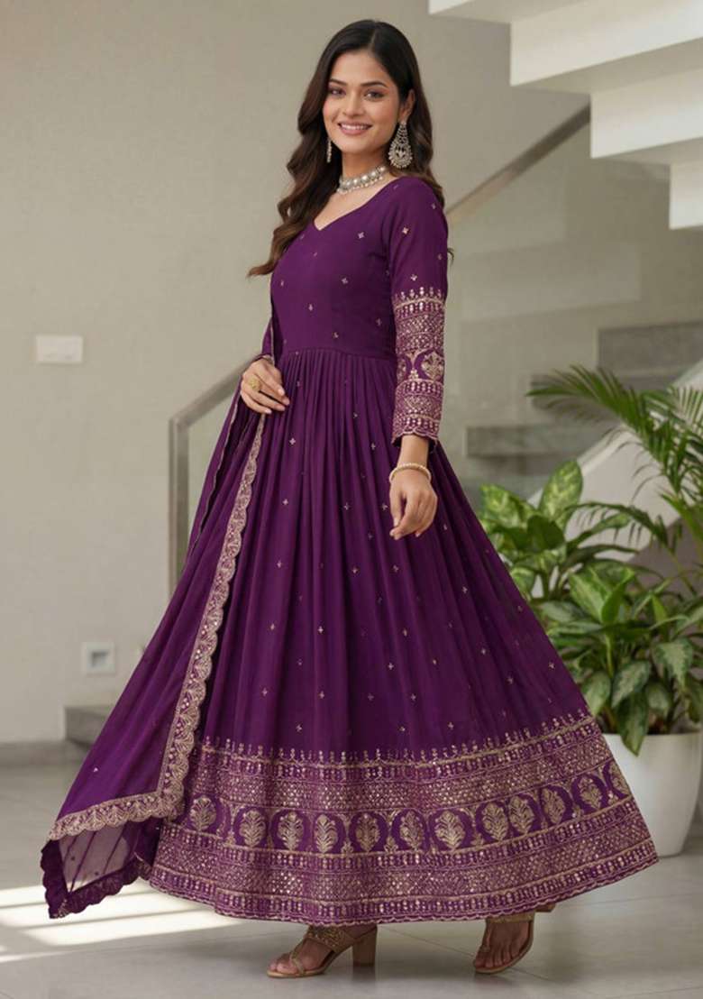Purple Embroidered Silk Blend Anarkali Set - Indya