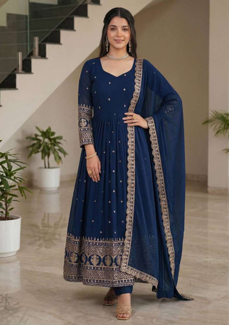 Teal Embroidered Silk Blend Anarkali Set - Indya