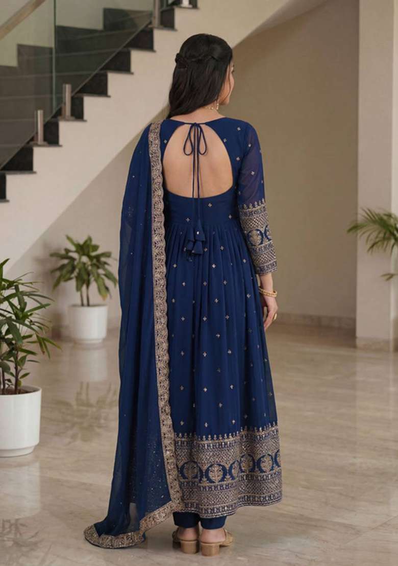 Teal Embroidered Silk Blend Anarkali Set - Indya