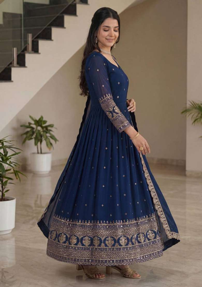 Teal Embroidered Silk Blend Anarkali Set - Indya