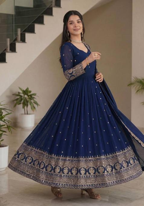 Teal Embroidery Sequence Zari Silk Kurta Set