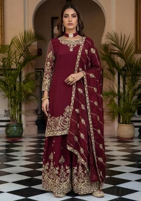 Maroon Embroidery Sequence Zari Silk Kurta Set