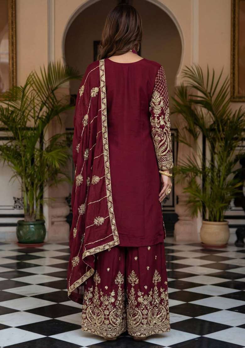 Maroon Embroidered Silk Blend Sharara Set - Indya
