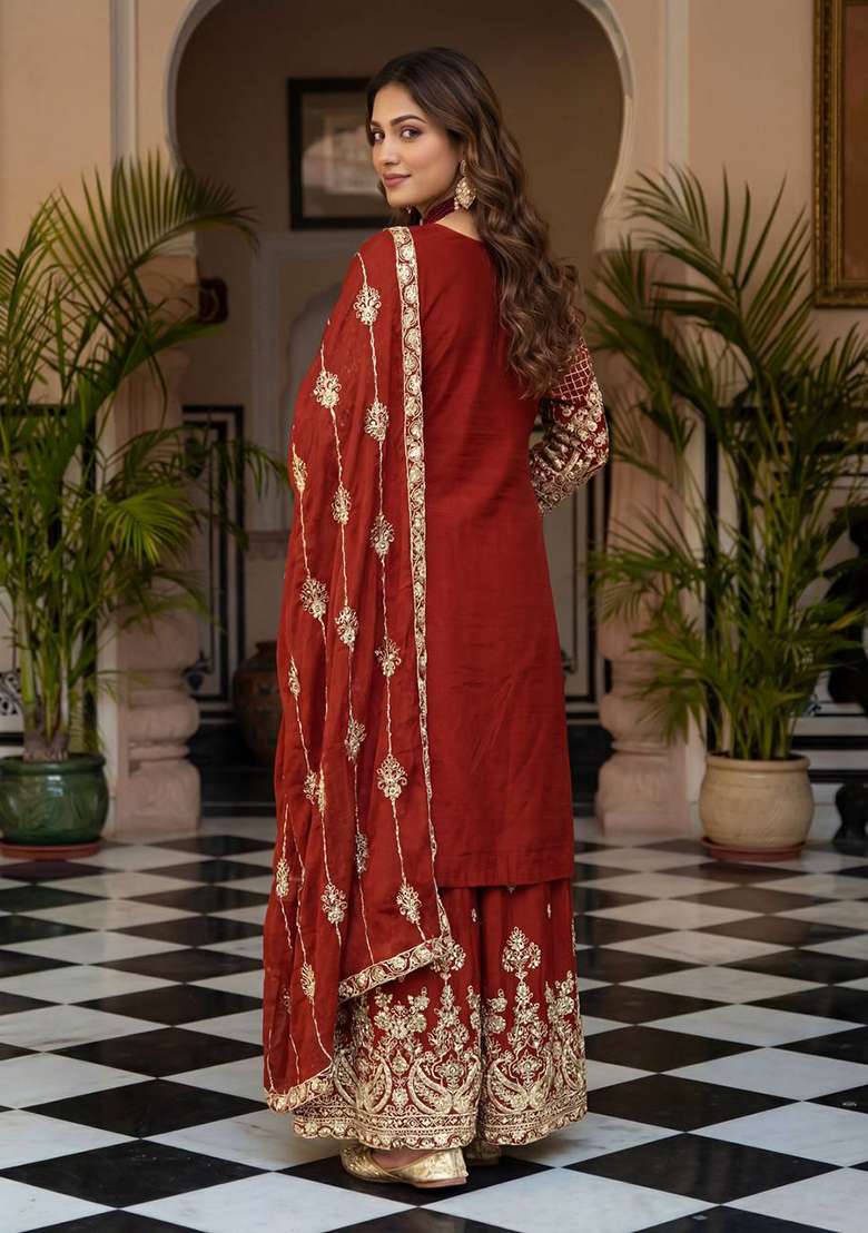 Rust Embroidered Silk Blend Sharara Set - Indya