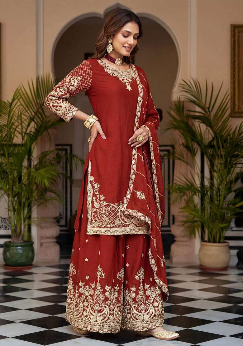 Rust Embroidered Silk Blend Sharara Set - Indya