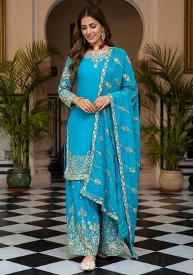 Sky Blue Embroidery Sequence Zari Silk Kurta Set