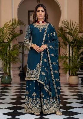 Teal Embroidery Sequence Zari Silk Kurta Set