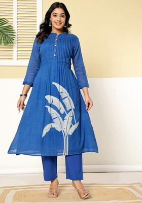 Blue Printed Cotton A Line Kurta Set