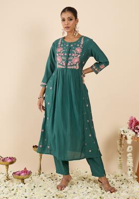 Sea Green Embroidery Silk Blend Kurta Set