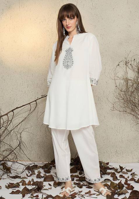 White Embroidery Cotton Kurta Set