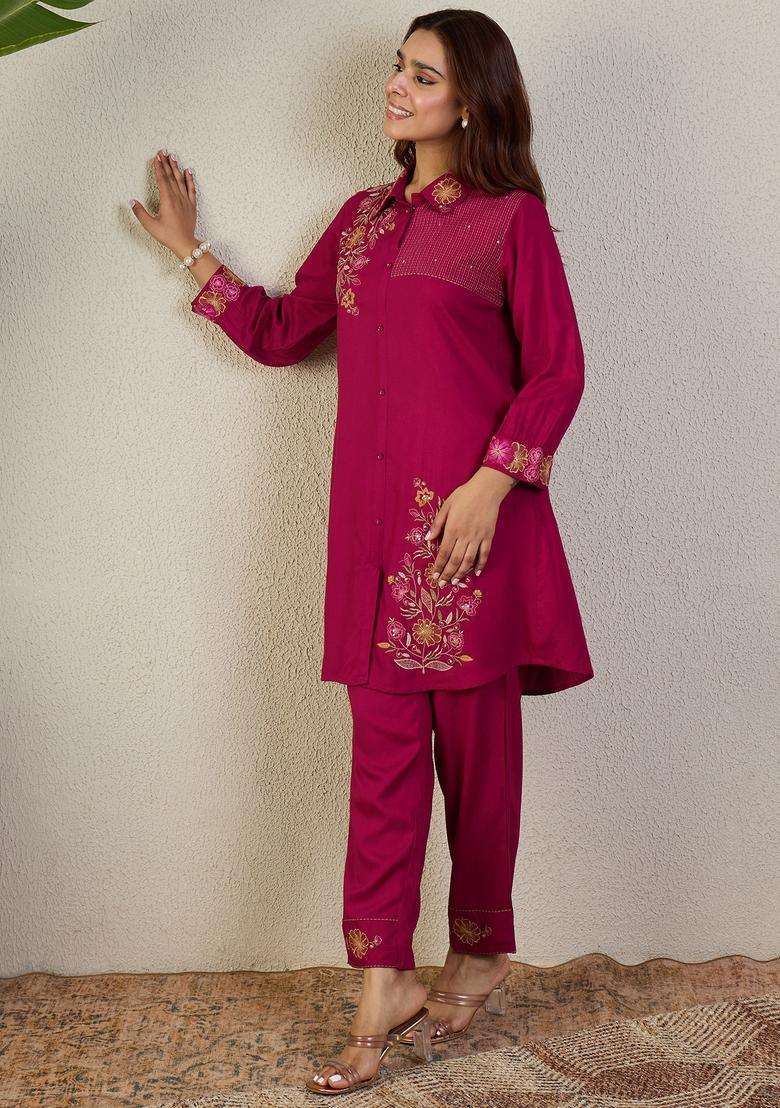 Pink Embroidery Cotton Kurta Set - Indya