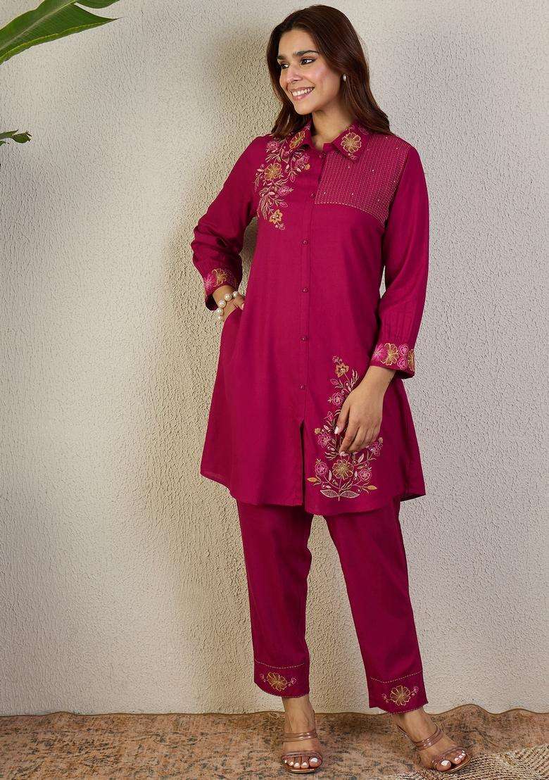 Pink Embroidery Cotton Kurta Set - Indya