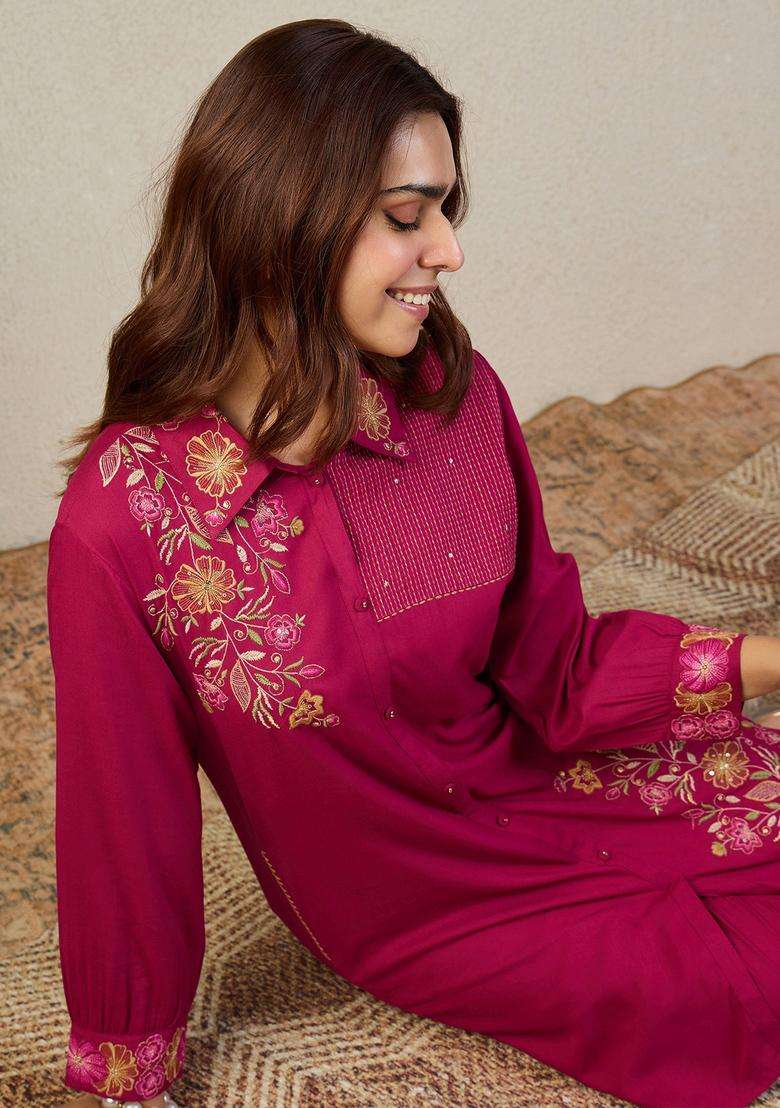 Pink Embroidery Cotton Kurta Set - Indya