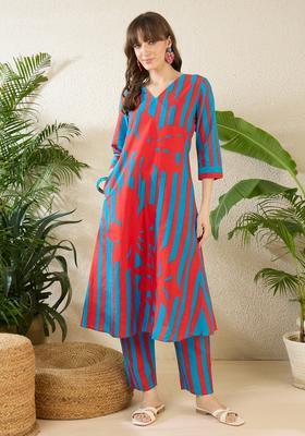Red Embroidery Cotton Kurta Set