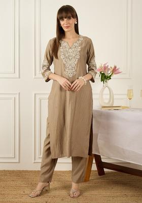 Beige Embroidery Silk Blend Kurta Set