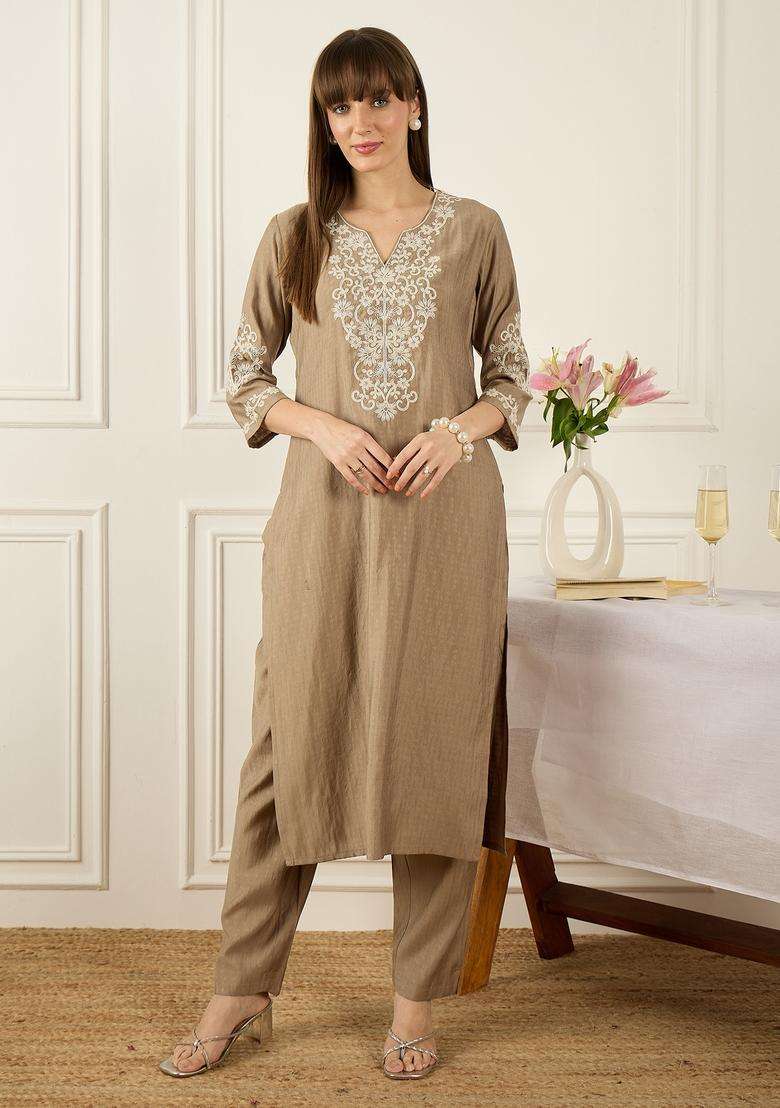 Beige Embroidered Blended Straight Kurta Set - Indya