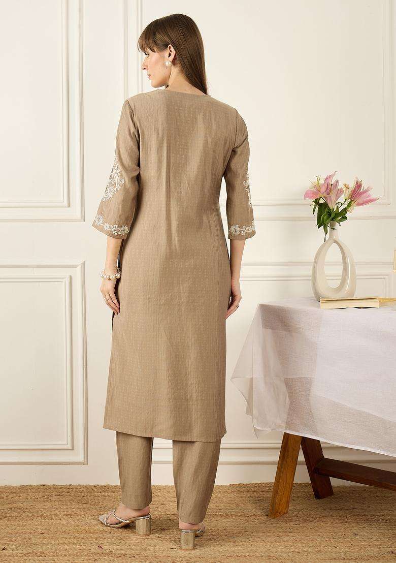 Beige Embroidered Blended Straight Kurta Set - Indya
