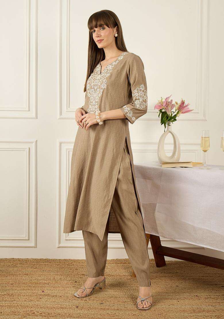 Beige Embroidered Blended Straight Kurta Set - Indya