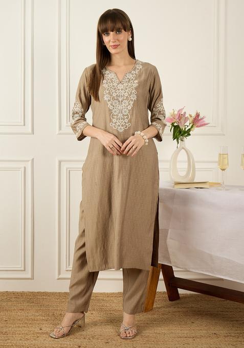 Beige Embroidery Silk Blend Kurta Set