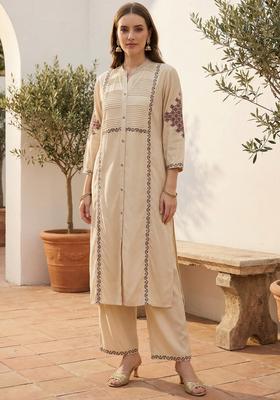 Beige Embroidery Viscose Rayon Kurta Set