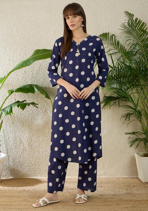Blue Embroidery Cotton Kurta Set