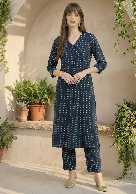 Blue Embroidery Cotton Kurta Set