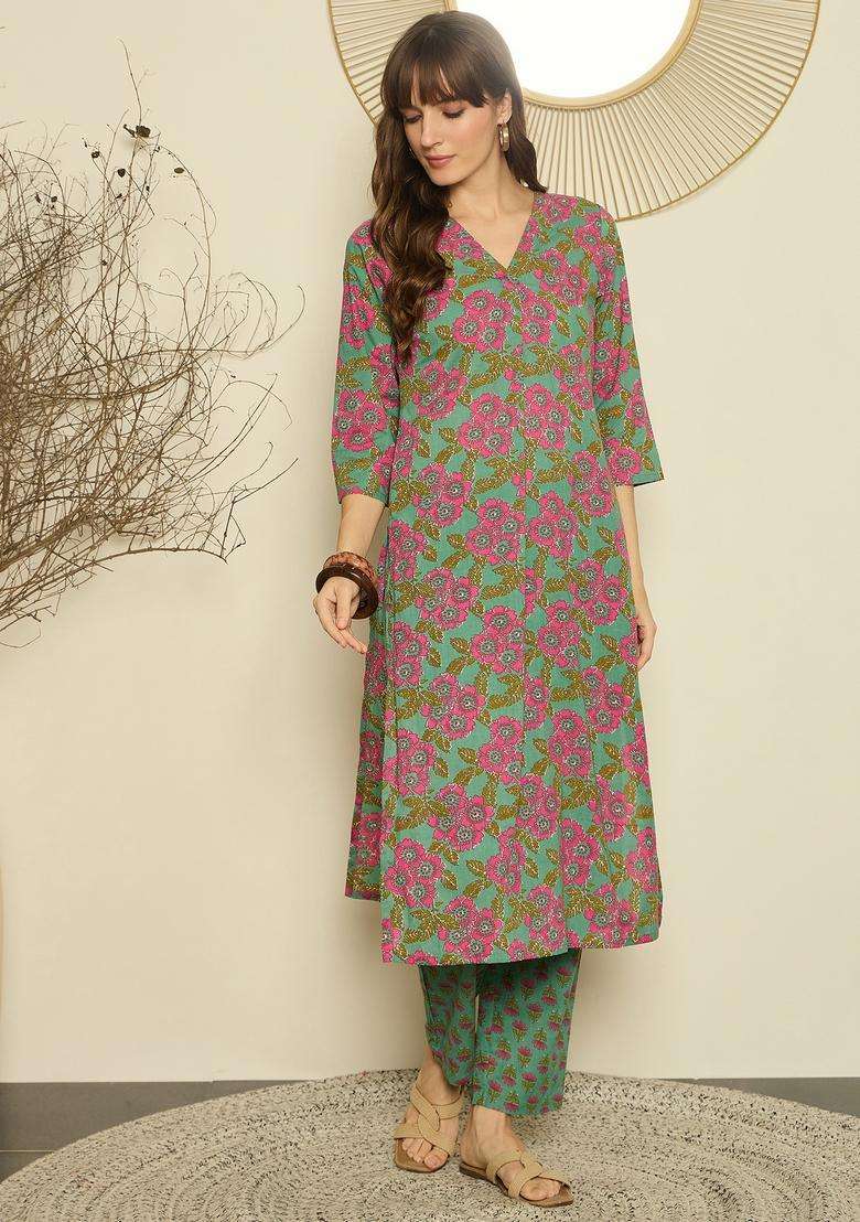 Green Floral Print Cotton Straight Kurta Set - Indya
