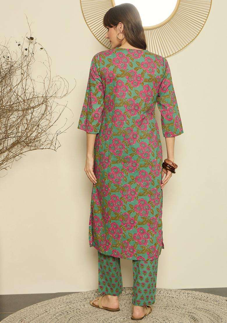 Green Floral Print Cotton Straight Kurta Set - Indya
