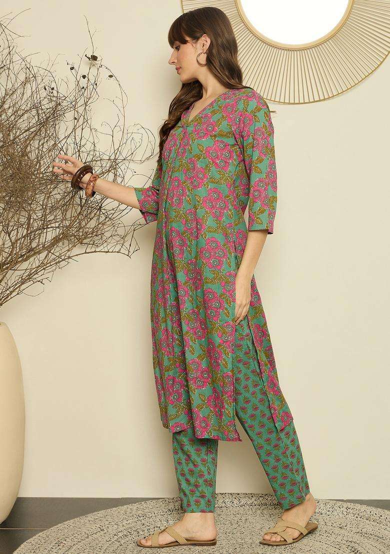 Green Floral Print Cotton Straight Kurta Set - Indya