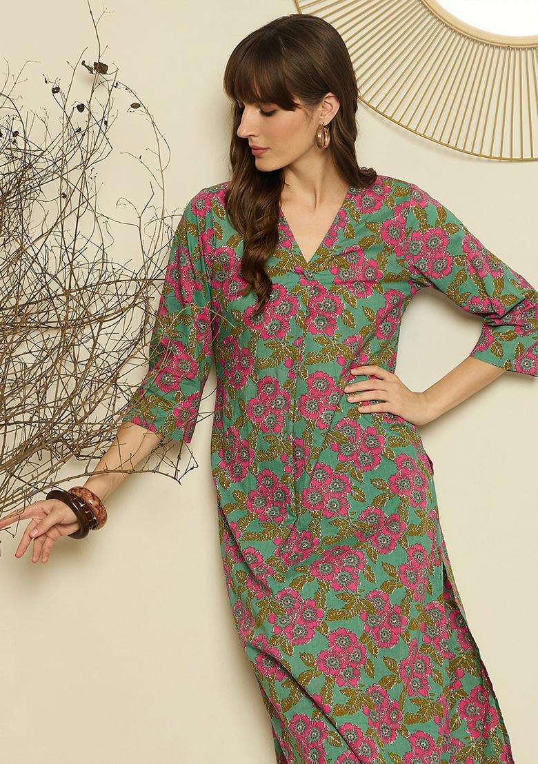 Green Floral Print Cotton Straight Kurta Set - Indya